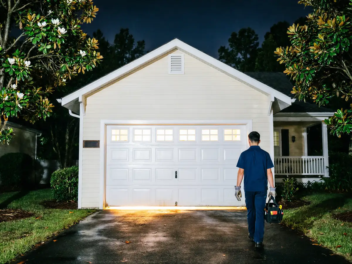 A technician walks toward a white garage door with windows at night.