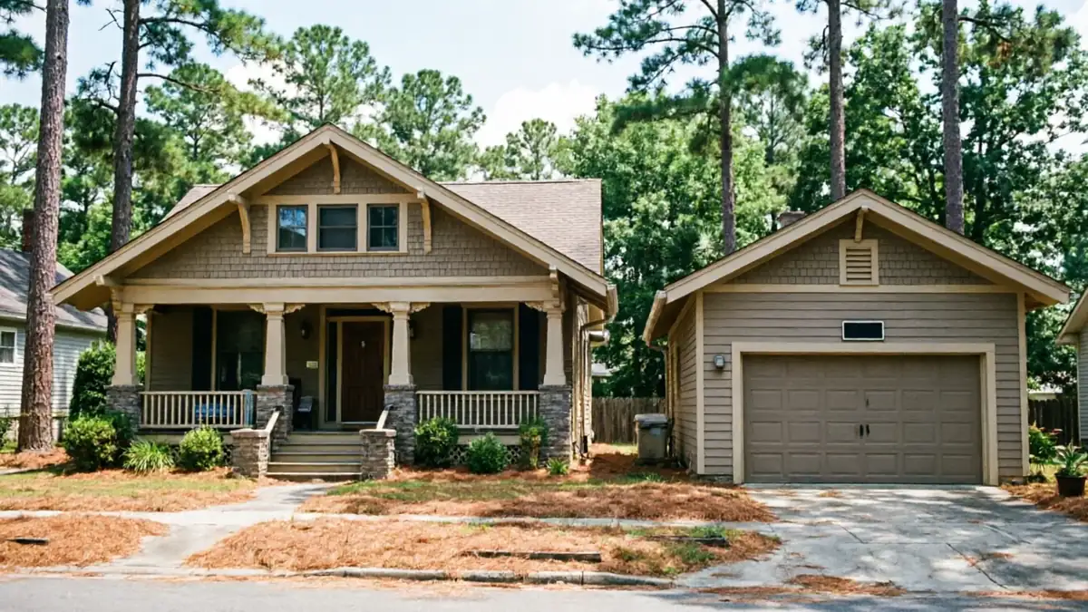 A brown house with a porch stands next to a detached garage with a brown door.