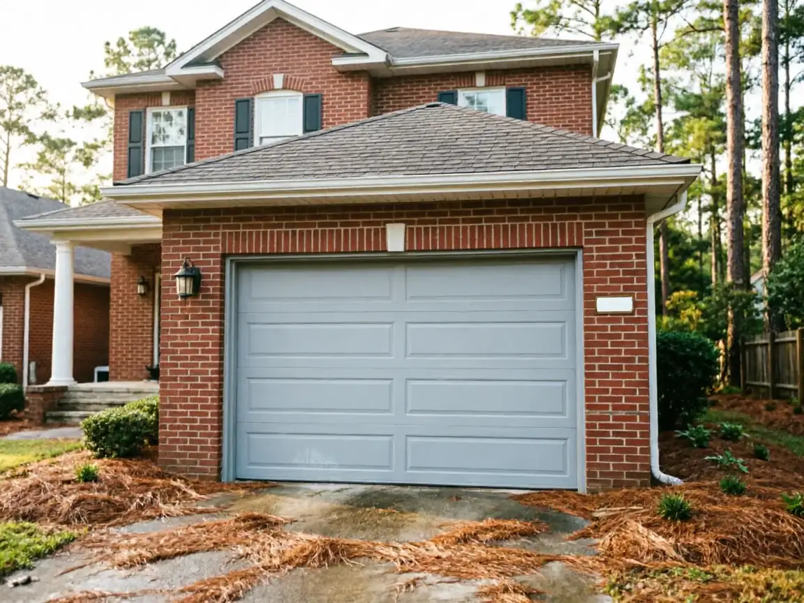 A brick house has a light gray garage door and a driveway covered in pine needles.